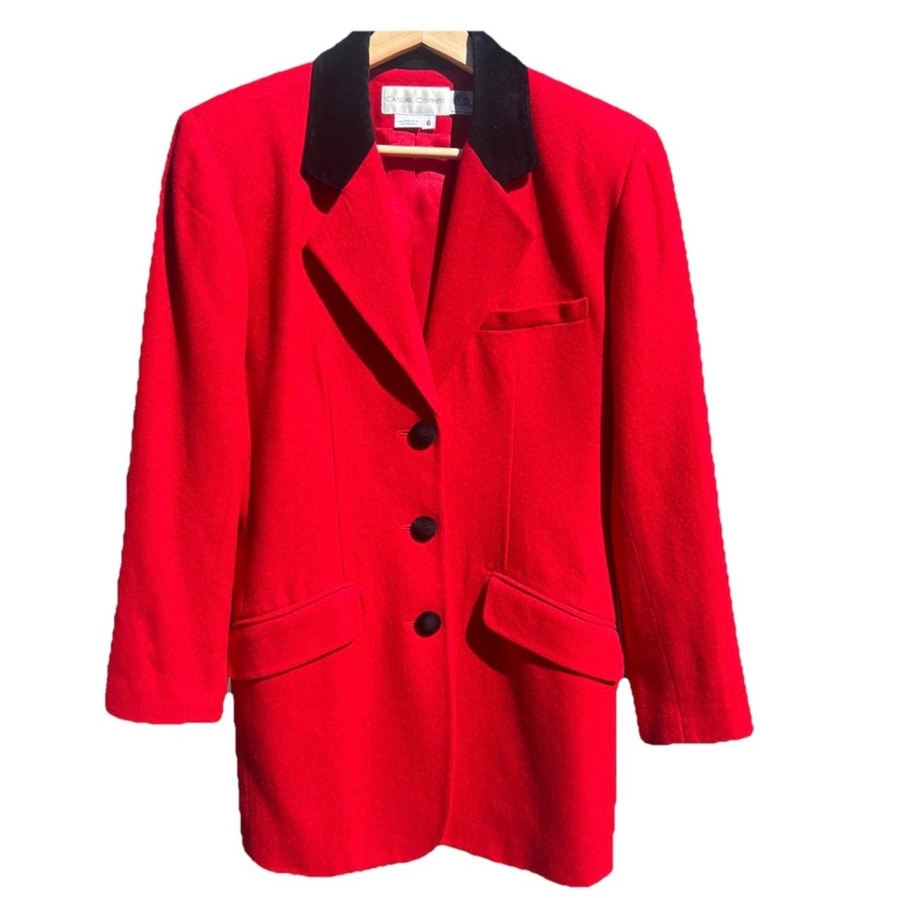 Vintage Casual Corner Red Merino Wool Blazer Black Velvet Collar Women’s Size 6